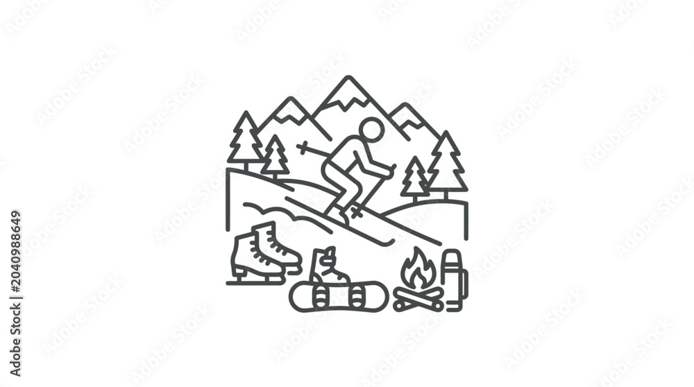 Fototapeta premium Minimalist cozy winter camping and skiing line art.