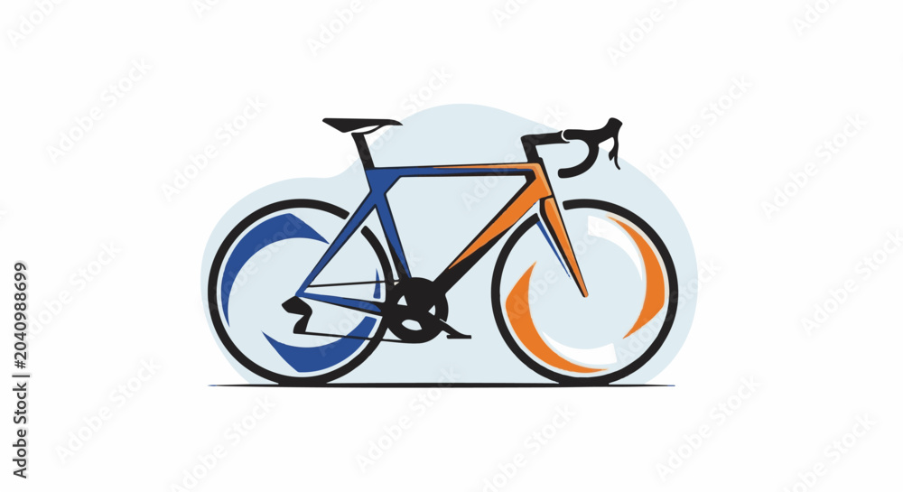 Fototapeta premium Stylized racing bicycle with blue and orange accents on a light blue background