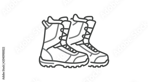 Pair of snowboard boots line art icon on white.