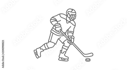 Hockey player skating with puck minimalist line icon.