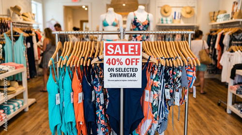 Sale sign on rack of colorful swimsuits in retail store interior  