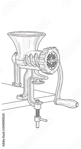 Vintage Manual Meat Grinder Illustration Line Art.