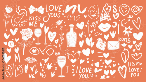 Foto romantic doodles on orange grid background hearts flowers wine glasses love mess