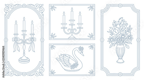 Canvas Print five elegant blue tone illustrations candelabra swan flowers vase candles ornate