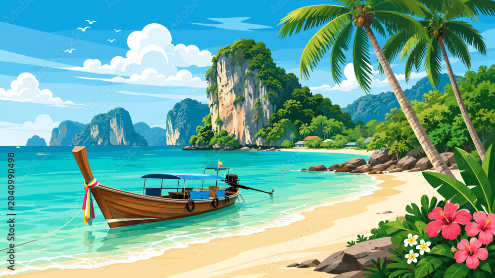 Obraz premium Postcard illustration of Phuket with longtail boat, turquoise bay, palm trees and bright beach holiday mood.