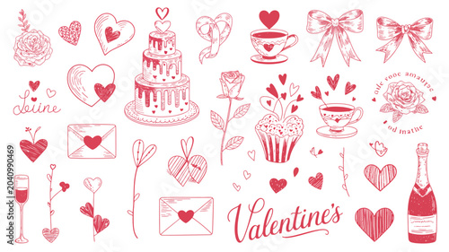 Tableau sur toile valentine s day doodles line art valentines hearts flowers cake bow cupcake wine