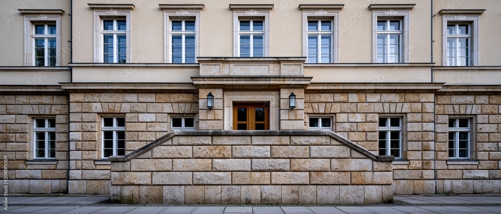 Obraz premium A stunning view of a beautifully designed building facade highlighting classic architecture elements and symmetry, evoking a sense of elegance and history in urban settings.