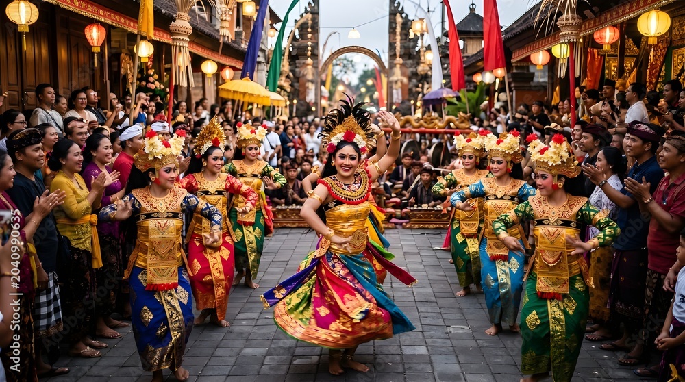 Naklejka premium Beautiful Balinese dancers executing coordinated movements in golden costumes during a festival in a village street.