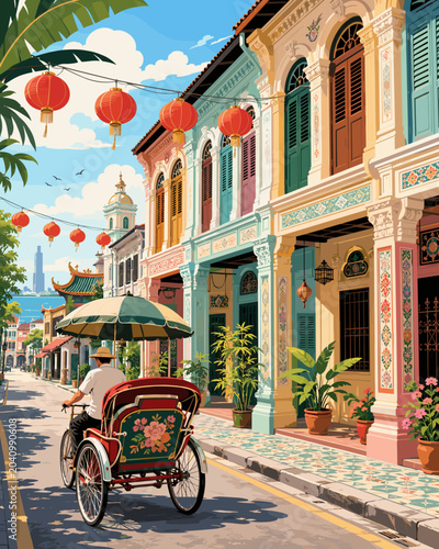 Postcard illustration of Penang with colorful heritage shophouses, trishaw, lanterns and warm cultural street atmosphere.
