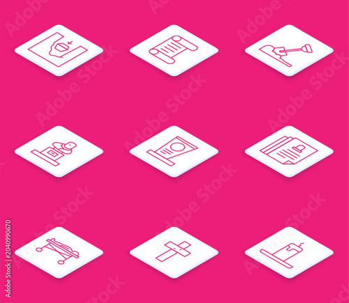 Set line Coffin in grave, Decree, parchment, scroll, Shovel the ground, Grave with tombstone, Death certificate, Dead body morgue and Christian cross icon. Vector