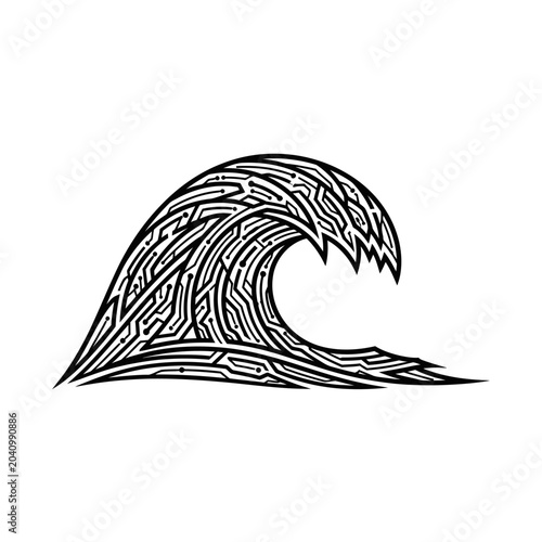 Black and white ocean wave illustration.
