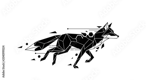 Black geometric fox running fast outdoors.