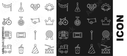 Photography Set line Drum with drum sticks, Target, Jester hat bells, Monkey, Unicycle or one wheel bicycle, Vintage, Festive mask and Cannon icon