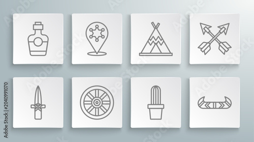 Slika na platnu Set line Dagger, Hexagram sheriff, Old wooden wheel, Cactus peyote in pot, Kayak or canoe and paddle, Indian teepee wigwam, Crossed arrows and Tequila bottle icon