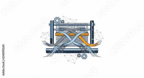 Abstract depiction of an automated weaving loom with interconnected nodes and gears