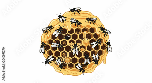 Cartoonish bees swarm a drippy honeycomb filled with golden nectar and pollen