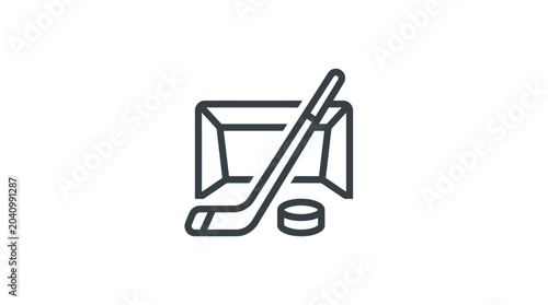 Photography Ice hockey goal net with stick and puck.