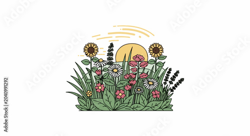 A whimsical illustration of a sunlit meadow bursting with colorful flowers and greenery