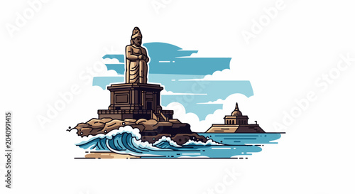 A pixel art illustration shows a large stone statue on a rocky island, with waves crashing below and a building on a distant island