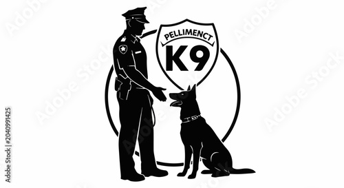 Silhouette of a uniformed officer gesturing to a sitting dog, inside a circular emblem with text