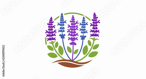 Stylized purple and blue flowers with green leaves arranged within an oval frame