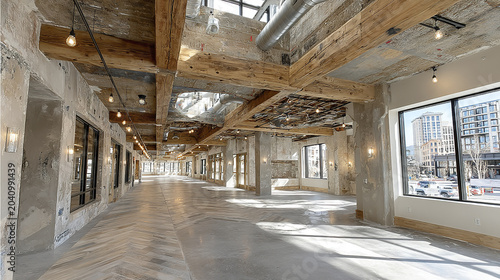 Industrial style interior with exposed wooden beams and concrete walls in spacious room with large windows letting in natural light, creating bright and airy atmosphere
