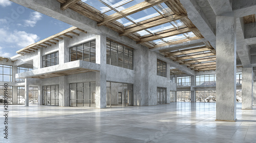 Modern industrial building interior with large windows and skylights, featuring concrete walls and floors, creating bright and spacious atmosphere with natural light and wooden ceiling beams