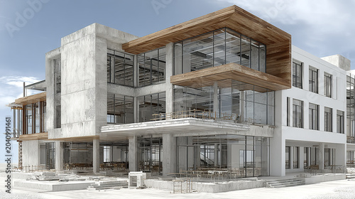Modern building under construction with concrete structure and large glass windows featuring wooden accents and open spaces, showcasing architectural design in progress with bright sky background