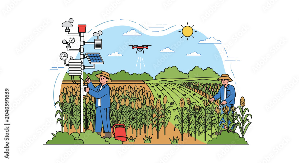 Obraz premium Farmers monitor field conditions next to a smart weather station and drone to improve crop yields through precision agriculture data.