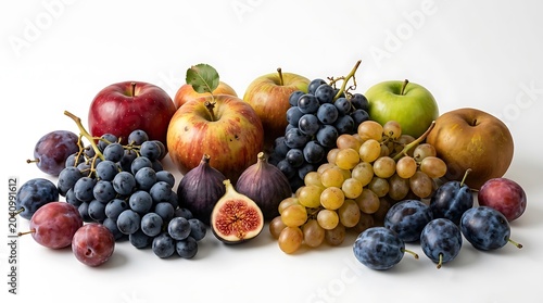 Assorted Fresh Fruits with Apples Grapes Figs and Plums on White Background