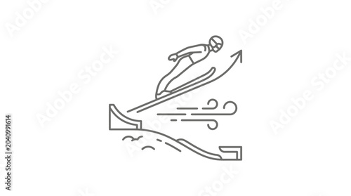 Foto Skier taking off from a jump ramp in snow.