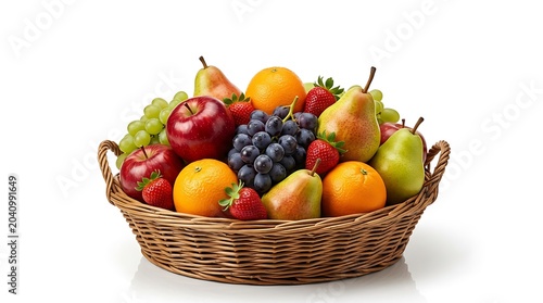 Assorted fresh fruits in a wicker basket isolated on white background
