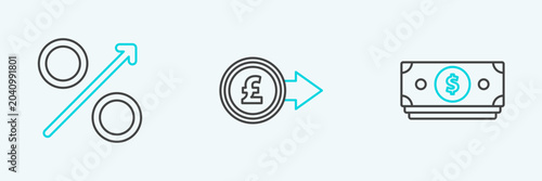 Tableau sur toile Set line Stacks paper money cash, Percent up arrow and Coin with pound sterling symbol icon