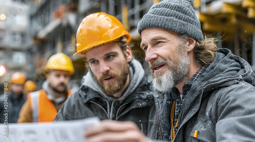 Construction worker discussing project with colleague wearing safety helmet and warm clothing on site