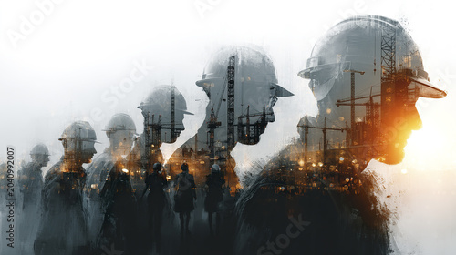 Construction worker silhouette Industrial site Safety helmet Building crane Teamwork concept Urban development Sunset light Double exposure Engineering project Cityscape