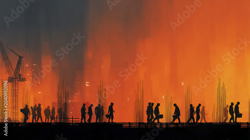 Silhouettes of people walking on construction site with cranes and steel rods against vibrant orange cityscape background, creating dramatic and dynamic urban scene