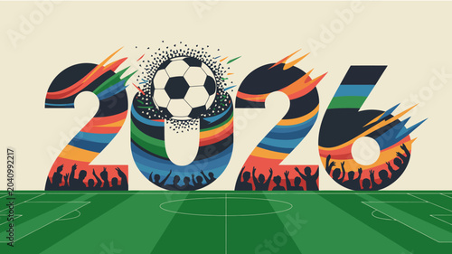 Fotografía 2026 typography with soccer ball vector football illustration bold stripes crowd