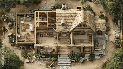 Wooden rustic house top view with detailed interior and exterior surrounded by trees and stone pathway in natural setting