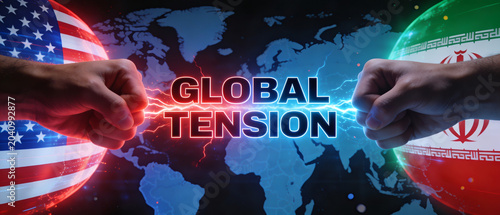 Two Clenched Fists Wrapped In The Flags Of The United States And Iran Face Off Against Each Other Separated By A Crackling Electric Charge And The Words Global Tension Over A Digital World Map Backg