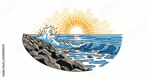 Stylized sunrise over rocky coast with crashing waves