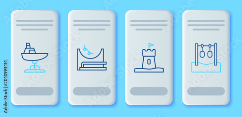Set line Skate park, Sand tower, Swing boat and Gymnastic rings icon. Vector