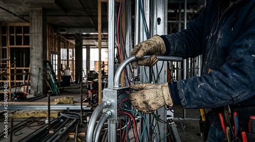 Close-up of an electrician installing conduit and wiring on a construction site