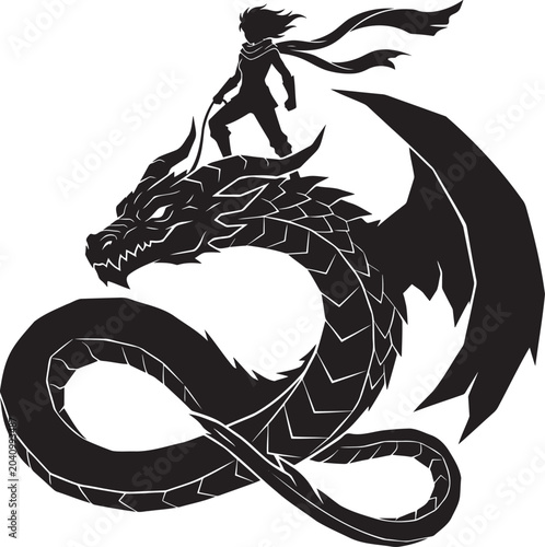Fantasy dragon rider silhouette anime hero character standing on top of mythical beast snake monster vector illustration isolated on white background tamer master warrior graphic design for commercial