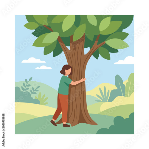 Canvastavla A person stands outside and hugs a large tree in nature