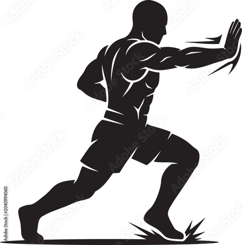 Foto Strong man pushing invisible wall silhouette dynamic action athlete training wor