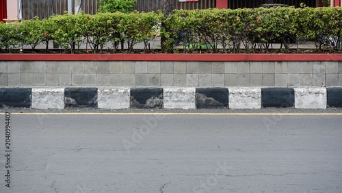 Foto urban streetscape arrangement, showing a side perspective of a striped sidewalk divider for pedestrian safety under long ornamental shrubs in a public park under daylight