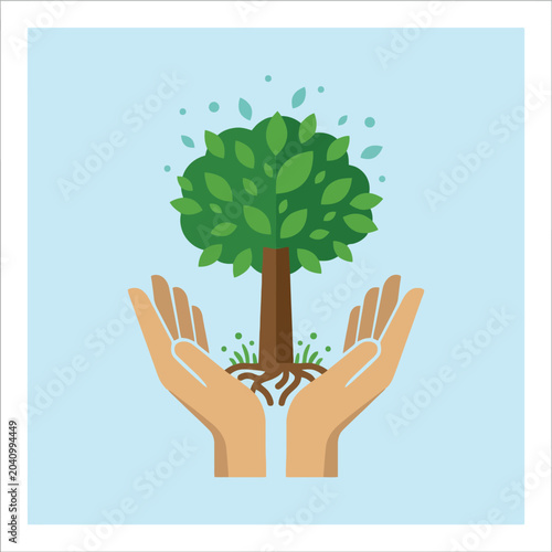 Картината върху платно Two hands gently cradling a small green tree illustration