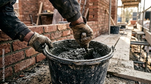 Construction worker mixing cement mortar in a bucket with a trowel