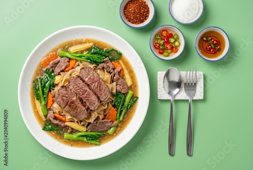 Generated AI set photos Beef Rad Na Thai stir fried noodles with gravy