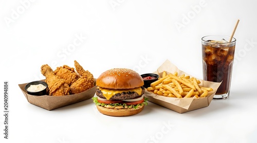 Fast Food Meal with Cheeseburger Fried Chicken French Fries and Cola